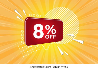 8% off. Yellow banner with 8 percent discount on a red balloon for mega big sales. 8% sale
