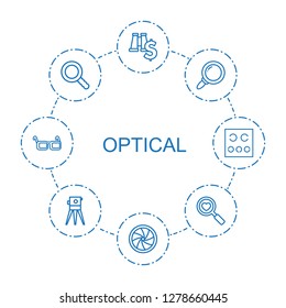 8 optical icons. Trendy optical icons white background. Included outline icons such as binoculars with dollar, camera shutter, search, heart search. optical icon for web and mobile.