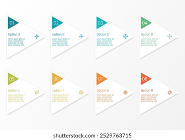 8 options business infographic template, theme of simple triangle shape with symbols, number and text frame