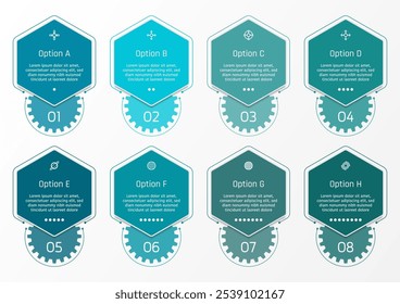 8 opciones Plantilla de infografía de negocios, tema de hexágono y forma de engranaje con marco de texto y símbolos, así como puntos de numeración