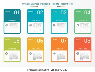 8 options business infographic template, theme of round corner rectangular with text frame and symbols