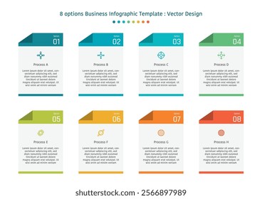 8 options business infographic template, theme of paper that has fold at the top left edge, with symbol and text frame