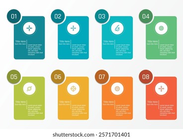 8 options business infographic template, group of eight rounded corner rectangular, with number in circle frame at the top left