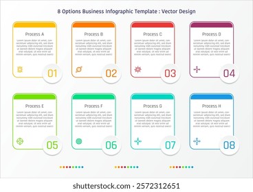 8 options business infographic template, theme of rounded edge rectangular frame, with number on circle frame at the bottom right corner