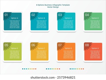 8 options business infographic template, rounded edge square frame with part of gear shape at the top left corner