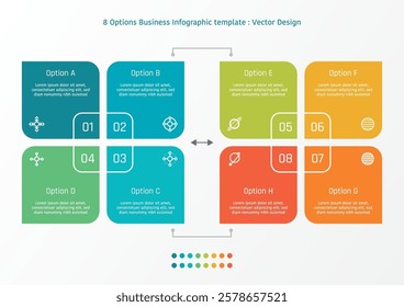 8 options business infographic template, theme of 2 sets of colorful rounded corner square with number and symbols