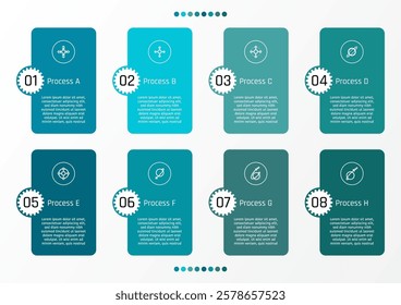 8 options business infographic template, rounded corner rectangle with gear in circle frame, also with symbol and text frame