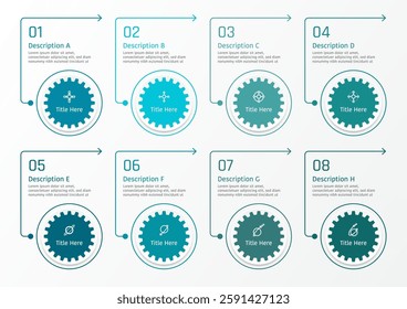 8 options business infographic template, theme of gear shape on circle button frame with rounded corner line