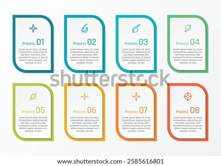 8 options business infographic template, theme of two opposite sides rounded corner rectangular, also with symbol and number