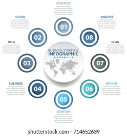 8 options Business Infographics, strategy, timeline, design template blue grey color tone illustration. Vector eps10.