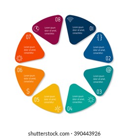 8 options infographic banner. Circular workflow layout with triangle parts. Number banner template for diagram, presentation or chart. Progress steps for tutorial. Business concept sequence banner.