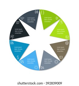 8 options infographic banner. Circular workflow layout with triangle parts. Number banner template for diagram, presentation or chart. Progress steps for tutorial. Business concept sequence banner.