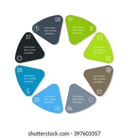 8 options infographic banner. Circular workflow layout with triangle parts. Number banner template for diagram, presentation or chart. Progress steps for tutorial. Business concept sequence banner.