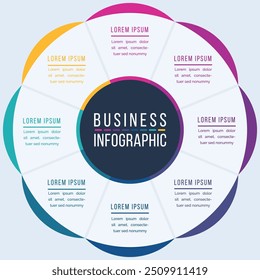 8 Opciones Infografía de diseño de círculos 8 Opciones, objetos, Elementos o pasos de información Plantilla de infografía de negocios