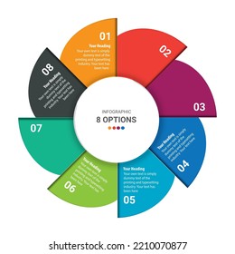 8 Infografik-Vorlage für Optionen. Blumenblätter im Stil von Infografik. Kann für geschäftliche Präsentationen oder zu beliebigen Zwecken verwendet werden. Kann eigene Texte bearbeiten. Vektor EPS10 