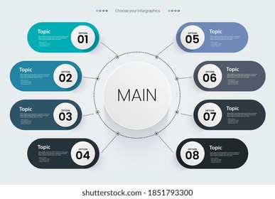 8 options of infographic, used in Business data visualization, infographic diagram with 8 steps, options, parts or processes, infographic Vector template for presentation. illustration.