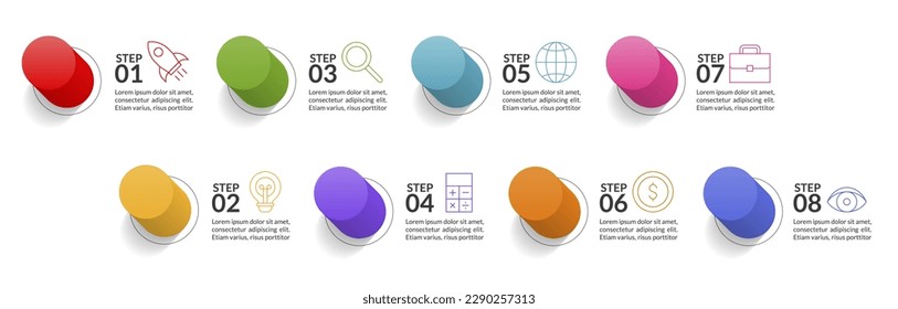 8 opciones u 8 pasos 3d botones Infografía plantilla de diseño e iconos. utilizar como diagrama de procesos de flujo de trabajo, presentación de datos empresariales, diseño de línea de tiempo, hito, pancarta, folleto, diagrama de flujo