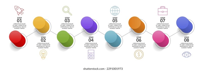 8 Optionen oder 8 Schritte 3D-Schaltflächen Infografik Design-Vorlage und Symbole. Verwendung als Workflow-Prozessdiagramm, Geschäftsdatendarstellung, Zeitplanlayout, Meilenstein, Banner, Broschüre, Flussdiagramm