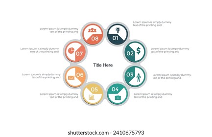 8 opciones o 8 pasos círculo Plantilla de diseño de infografías e iconos. utilizar como diagrama de procesos de flujo de trabajo, presentación de datos empresariales, diseño de línea de tiempo, hito, pancarta, folleto, diagrama de flujo