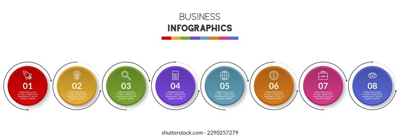 8 options or 8 steps Infographics design template and icons. use as workflow process diagram, business data  presentation, timeline layout, milestone, banner, brochure, flow chart