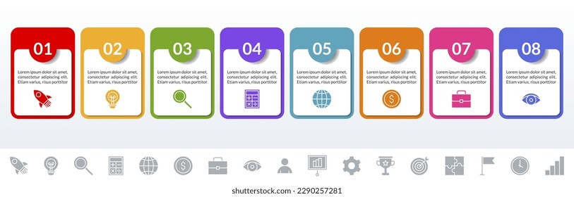 8 options or 8 steps Infographics design template and lineal icons. use as workflow process diagram, business data  presentation, timeline layout, milestone, banner, brochure, flow chart