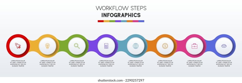 8 options or 8 steps Infographics design template and icons. use as workflow process diagram, business data  presentation, timeline layout, milestone, banner, brochure, flow chart