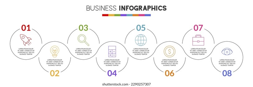 8 options or 8 steps Infographics design template and icons. use as workflow process diagram, business data  presentation, timeline layout, milestone, banner, brochure, flow chart
