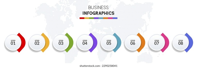 8 options or 8 steps Infographics design template and icons. use as workflow process diagram, business data  presentation, timeline layout, milestone, banner, brochure, flow chart