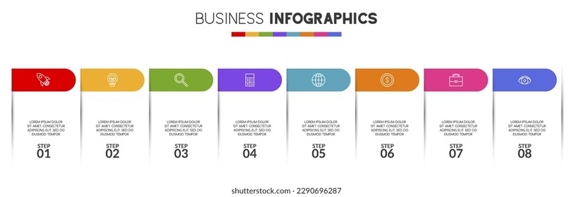 8 opciones o 8 pasos Plantilla de diseño de infografías e iconos. utilizar como diagrama de procesos de flujo de trabajo, presentación de datos empresariales, diseño de línea de tiempo, hito, pancarta, folleto, diagrama de flujo