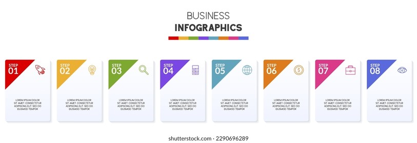8 Optionen oder 8 Schritte Infografik Design Vorlage und Symbole. Verwendung als Workflow-Prozessdiagramm, Geschäftsdatendarstellung, Zeitplanlayout, Meilenstein, Banner, Broschüre, Flussdiagramm