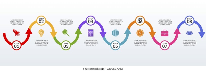 8 options or 8 steps Infographics design template and icons. use as workflow process diagram, business data  presentation, timeline layout, milestone, banner, brochure, flow chart