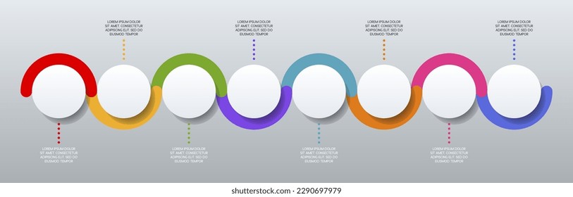 8 Optionen oder 8 Schritte Infografik Design Vorlage Leertaste und Symbole. Verwendung als Workflow-Prozessdiagramm, Geschäftsdatendarstellung, Zeitplanlayout, Meilenstein, Banner, Broschüre, Flussdiagramm