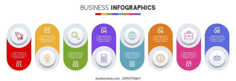 8 opciones o 8 pasos Plantilla de diseño de infografías e iconos. utilizar como diagrama de procesos de flujo de trabajo, presentación de datos empresariales, diseño de línea de tiempo, hito, pancarta, folleto, diagrama de flujo