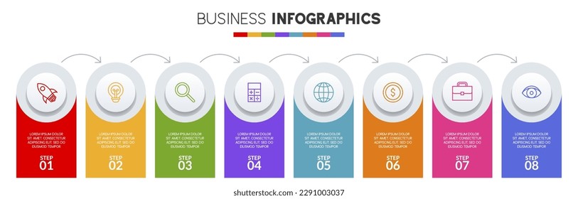8 options or 8 steps Infographics design template and icons. use as workflow process diagram, business data  presentation, timeline layout, milestone, banner, brochure, flow chart