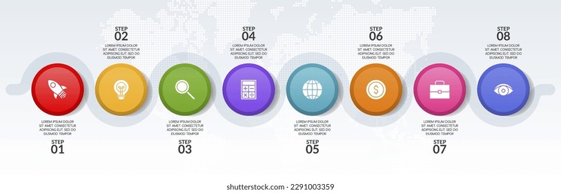 8 opciones o 8 pasos Plantilla de diseño de infografías con mapa e iconos. utilizar como diagrama de procesos de flujo de trabajo, presentación de datos empresariales, diseño de línea de tiempo, hito, pancarta, folleto, diagrama de flujo