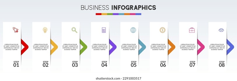 8 options or 8 steps Infographics design template and icons. use as workflow process diagram, business data  presentation, timeline layout, milestone, banner, brochure, flow chart