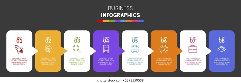 8 opciones o 8 pasos Plantilla de diseño de infografías e iconos. utilizar como diagrama de procesos de flujo de trabajo, presentación de datos empresariales, diseño de línea de tiempo, hito, pancarta, folleto, diagrama de flujo