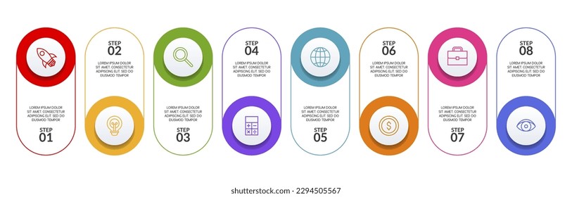 8 opciones o 8 pasos Plantilla de diseño de infografías e iconos. utilizar como diagrama de procesos de flujo de trabajo, presentación de datos empresariales, diseño de línea de tiempo, hito, pancarta, folleto, diagrama de flujo