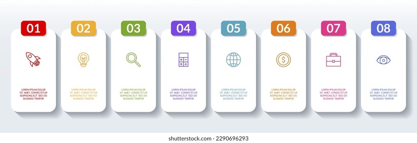 8 options or 8 steps Modern Infographics design template and icons. use as workflow process diagram, business data  presentation, timeline layout, milestone, banner, brochure, flow chart