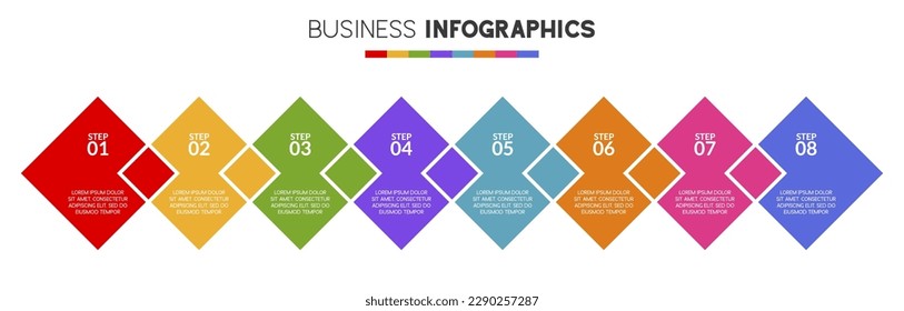8 opciones o 8 pasos cuadrados plantilla de diseño de infografías e iconos. utilizar como diagrama de procesos de flujo de trabajo, presentación de datos empresariales, diseño de línea de tiempo, hito, pancarta, folleto, diagrama de flujo