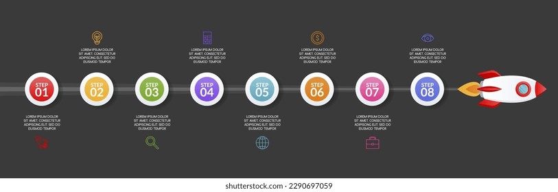 8 opciones o 8 pasos inician plantilla de diseño de infografías e iconos. utilizar como diagrama de procesos de flujo de trabajo, presentación de datos empresariales, diseño de línea de tiempo, hito, pancarta, folleto, diagrama de flujo