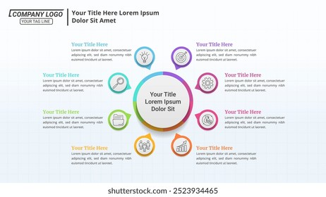 8 Opciones Infografía de diagrama de círculo de flujo de trabajo con texto editable para procesos comerciales, estrategia y marketing.