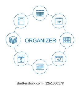 8 organizer icons. Trendy organizer icons white background. Included outline icons such as calendar, notebook, th date calendar, archive. organizer icon for web and mobile.