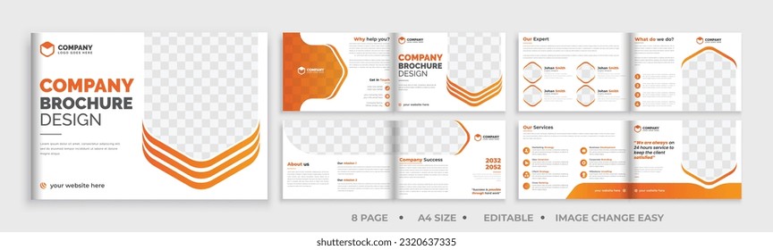 8 page brochure landscape template, corporate business booklet brochure design, modern layout bifold brochure, annual report template,