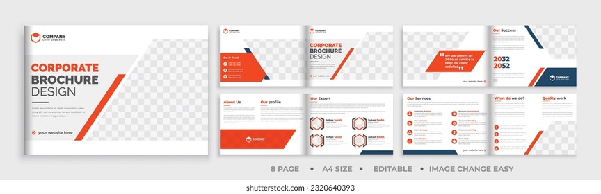 8 page brochure landscape template, corporate business booklet brochure design, modern layout bifold brochure, annual report template,