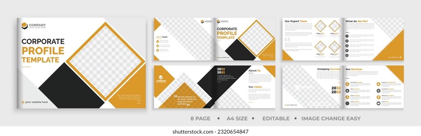 8 page brochure landscape template, corporate business booklet brochure design, modern layout bifold brochure, annual report template,	