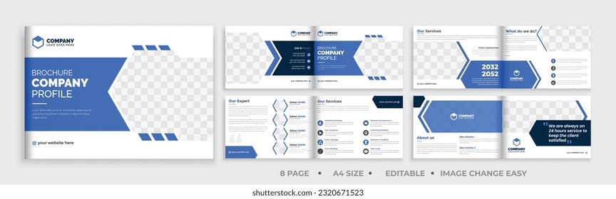 8 page brochure landscape template, corporate business booklet brochure design, modern layout bifold brochure, annual report template