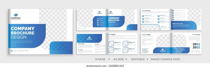 8 page brochure landscape template, corporate business booklet brochure design, modern layout bifold brochure, annual report template