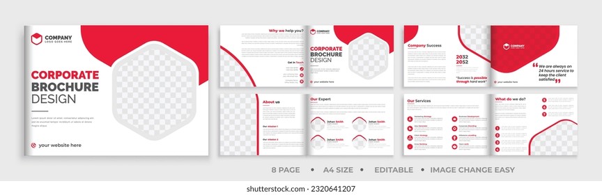 8 pages brochure landscape template, corporate business booklet brochure design, modern layout bifold brochure, annual report template,