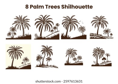 8 palm trees set silhouettes